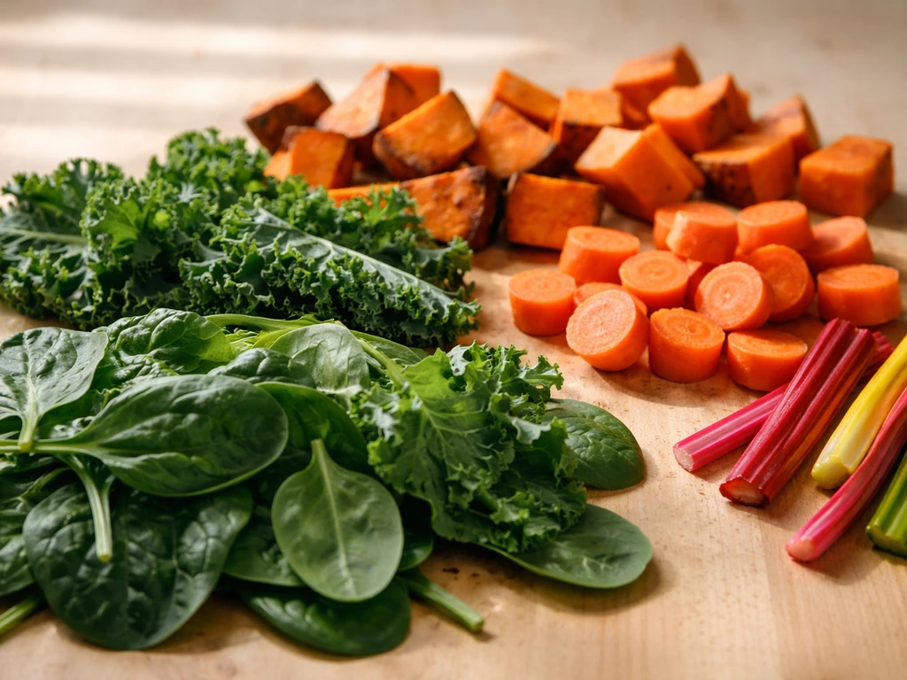 Close-up of dark leafy greens, carrots, and sweet potatoes arranged on a wooden surface.