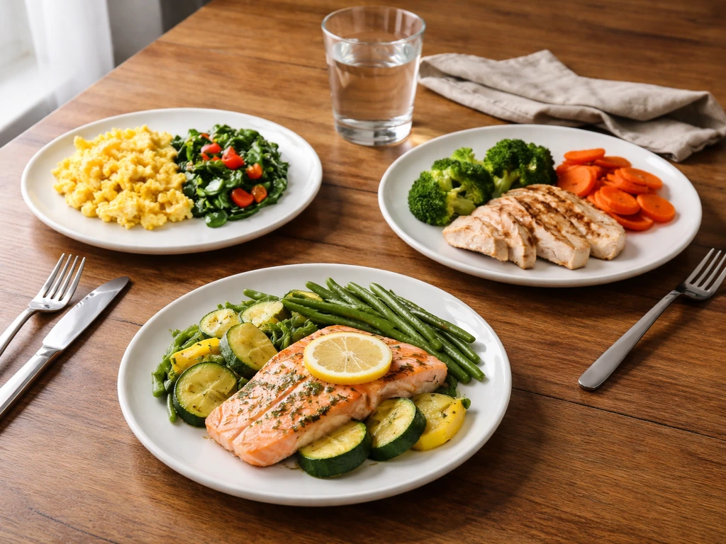 Three simple meal plates showing protein at breakfast, lunch, and dinner with vegetables on a wooden table.