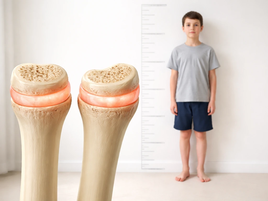 Medical-style view of open growth plates with a child standing beside a simple height scale