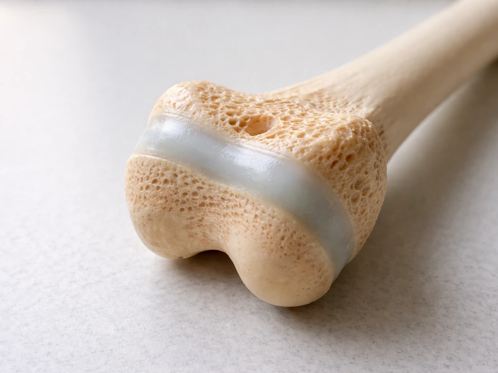Close-up of a long bone end model showing a visible growth plate cartilage layer on a neutral background.