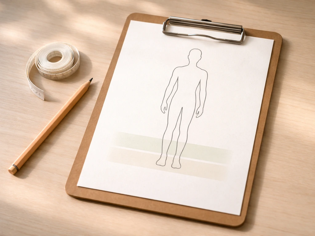 Minimal photo of a nutrition clipboard with a blank BMI-style silhouette card showing thin vs underweight zones