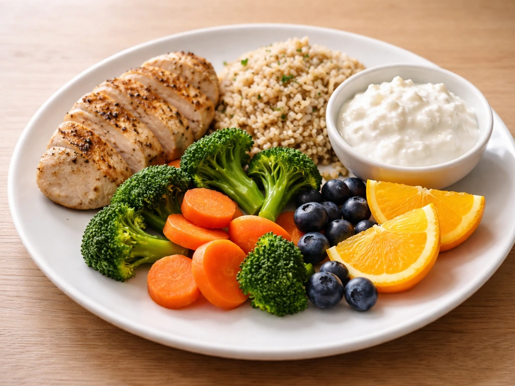Close-up of a simple balanced plate with lean protein, whole grains, fruits/vegetables, and dairy