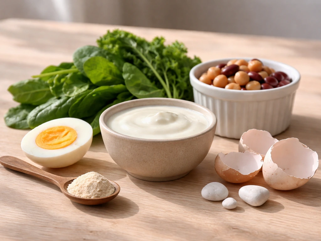 Tabletop still life of foods and ingredients representing vitamin D, calcium, zinc, and iron for growth.
