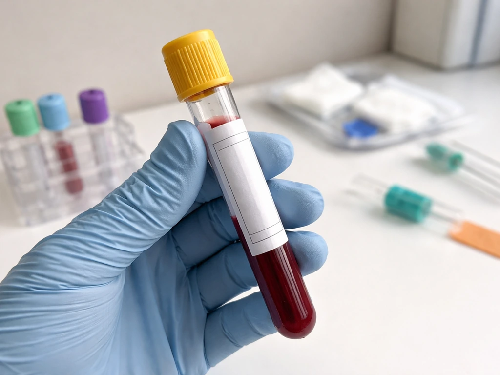 Close-up of a blood sample tube and blood draw setup for a vitamin D 25(OH)D lab test