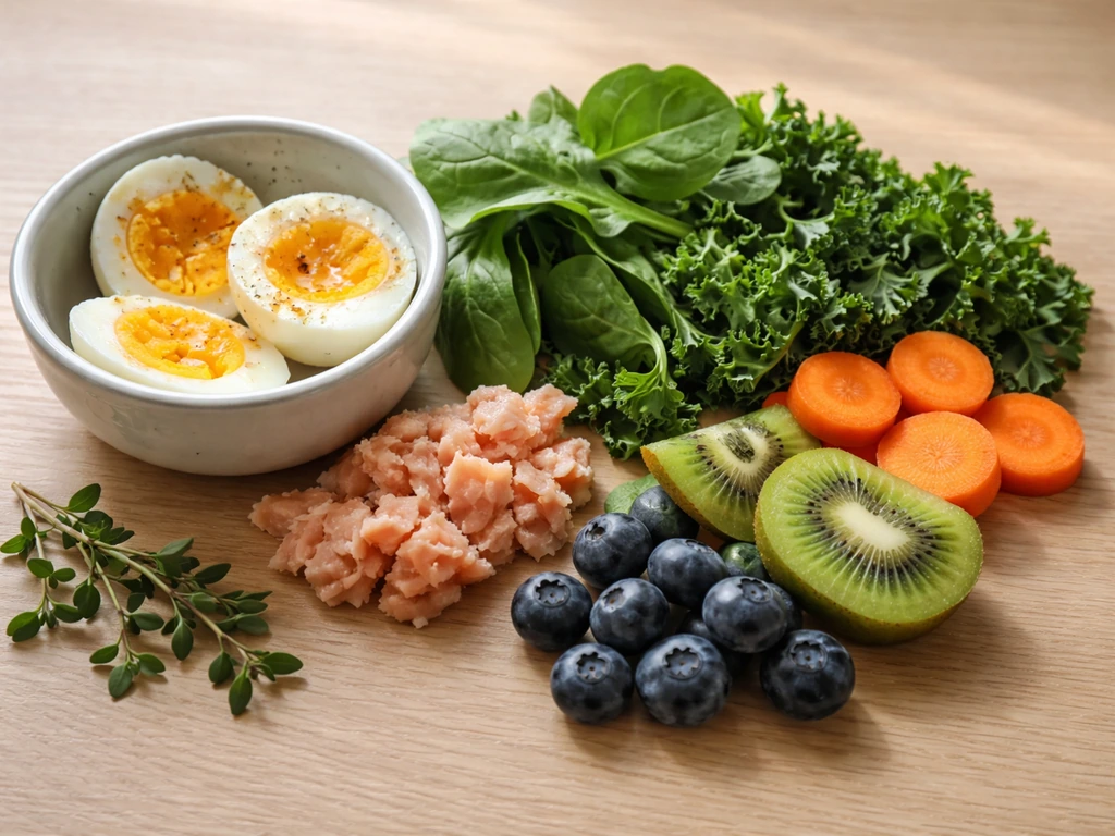 Close-up of eggs, salmon, leafy greens, carrots, and berries on a wooden table in natural light.