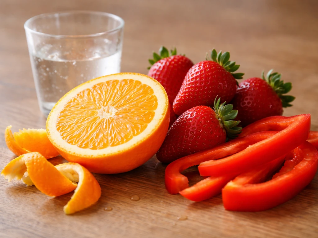 Close-up of vibrant citrus and red bell pepper beside a small glass of water, highlighting vitamin C