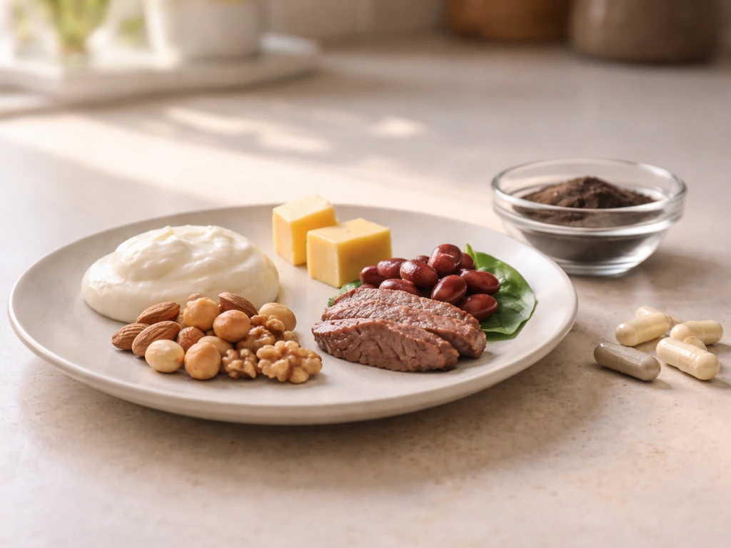 Minimal food and supplement scene with calcium, zinc, and iron ingredients on a kitchen counter.