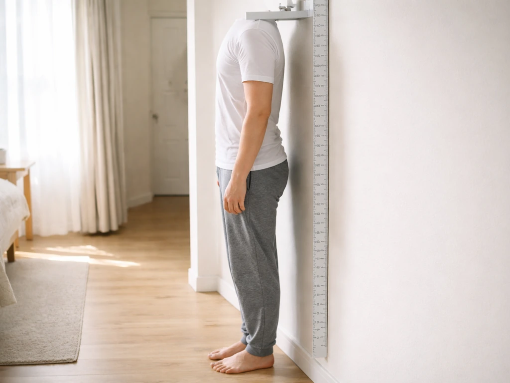 Anonymous person measuring height against a wall-mounted stadiometer in the morning light.