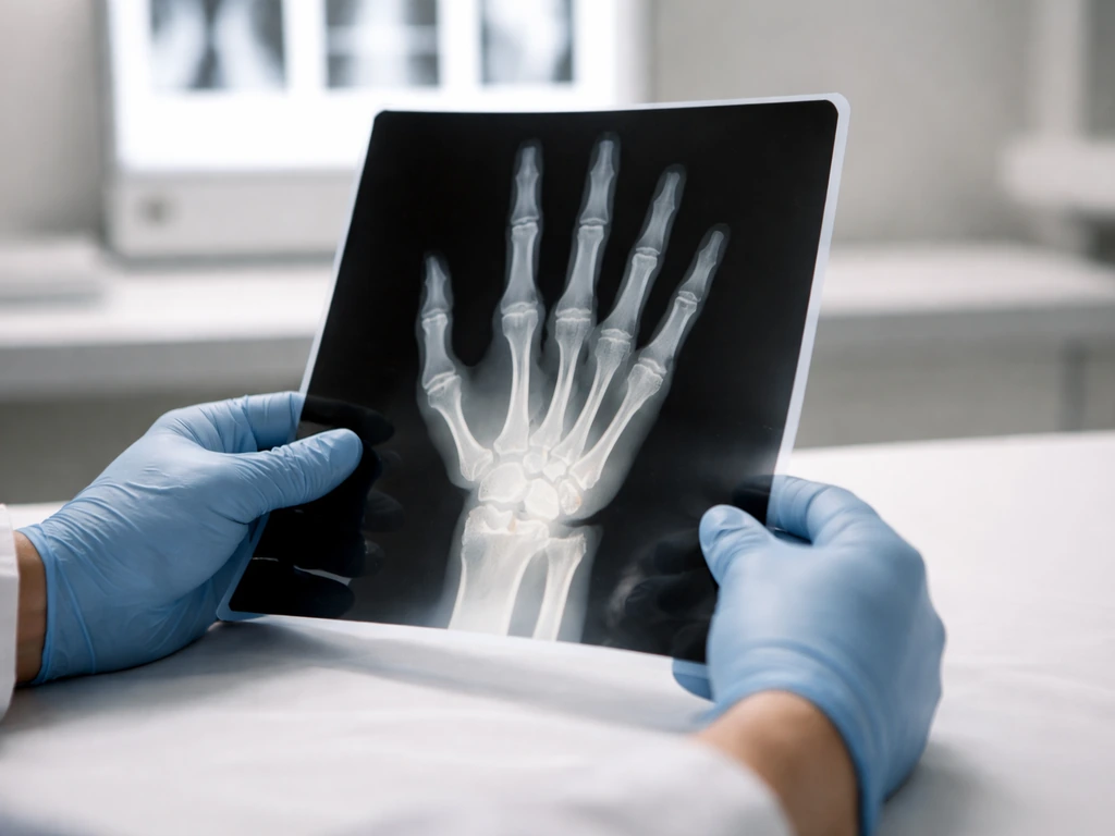Clinician examining a left hand and wrist X-ray with a subtle skeletal maturity highlight for bone age prediction.
