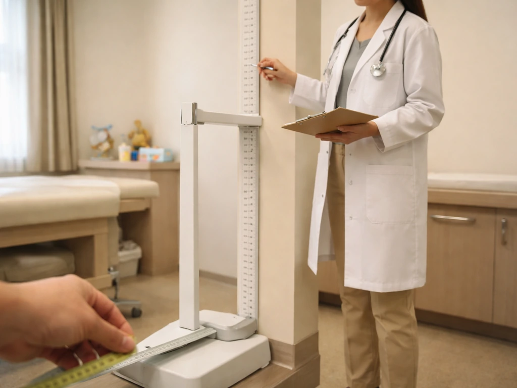 Anonymous pediatrician checking a growth chart beside a height measuring station in a calm exam room.