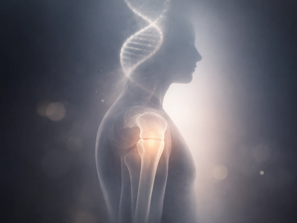 Abstract growth-plate silhouette fading into a glowing DNA helix to suggest height genetics limits