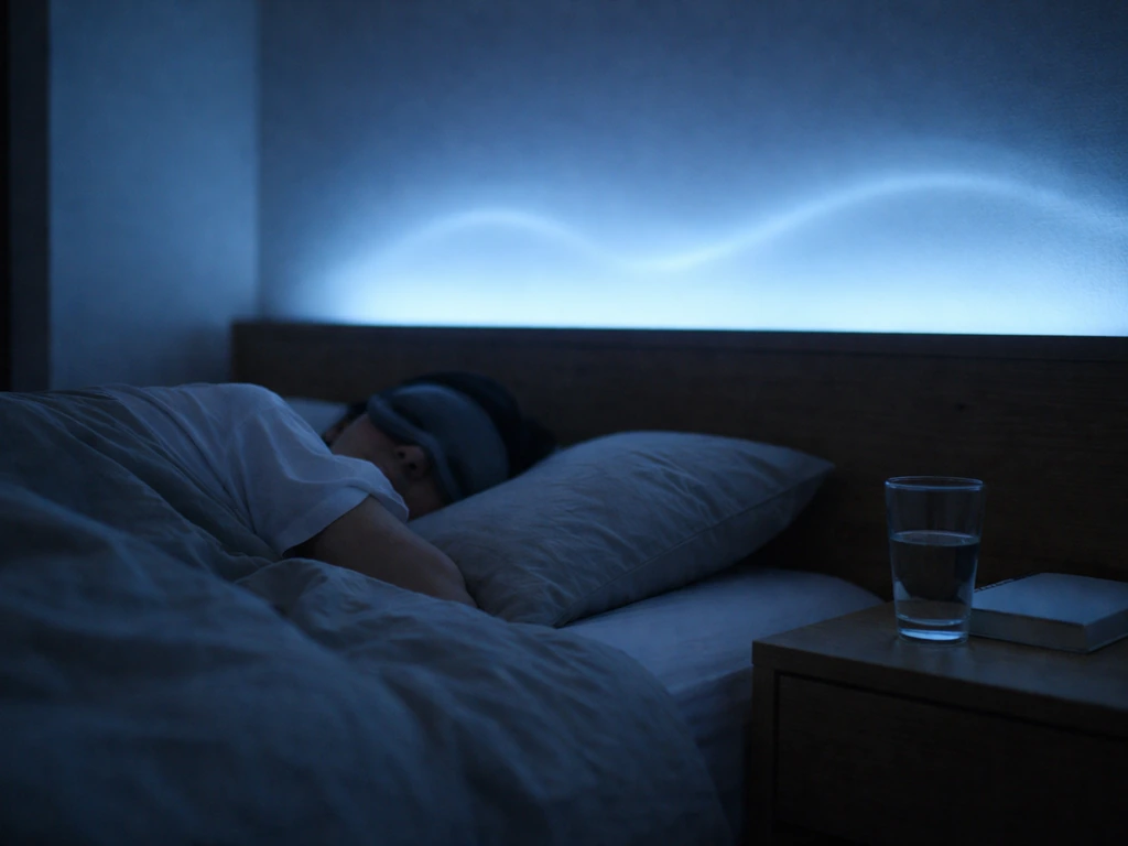 Person asleep in a quiet bedroom with a soft blue glow suggesting deep slow-wave sleep.