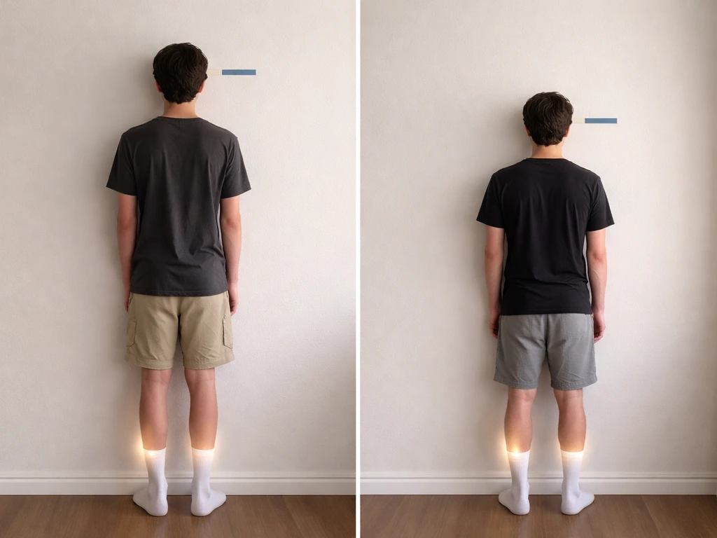 Side-by-side teen and adult figures by a plain wall with tape height cues and subtle growth emphasis.