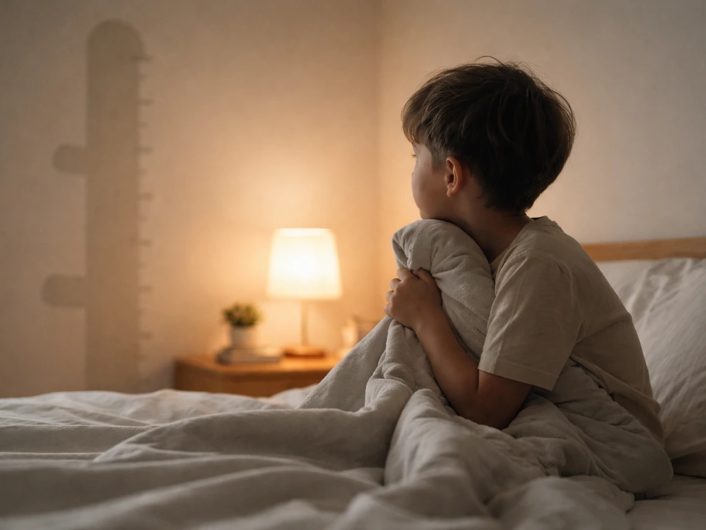 Calm child at bedtime on a bed, with a subtle height-growth silhouette in the softly lit background.