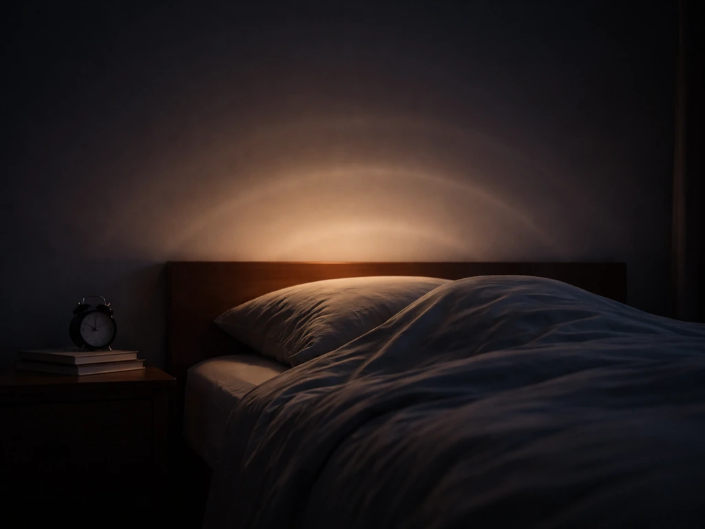 Minimal nighttime bedroom scene with subtle light pulses suggesting deep sleep supporting growth.