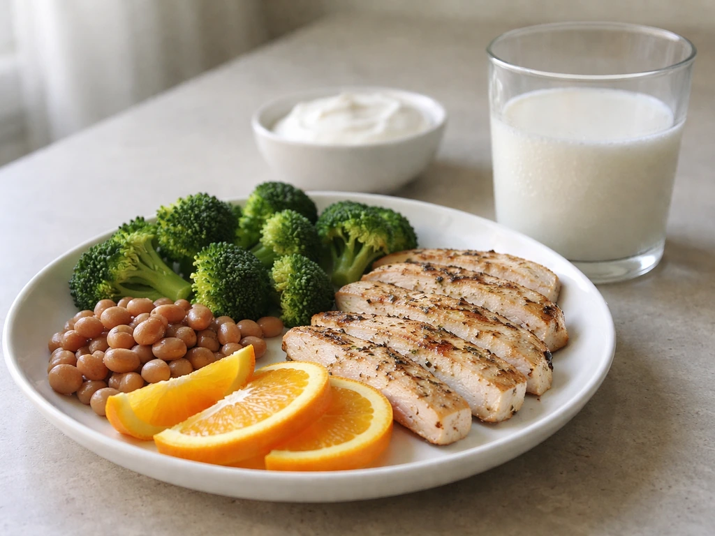 Close-up of a simple plate with protein and calcium-rich foods, plus a glass of milk on a kitchen table.