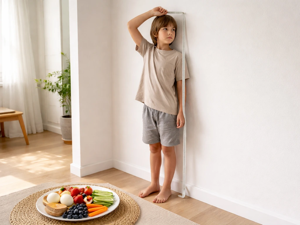Child or teen measuring height by a wall next to a plate of balanced foods.
