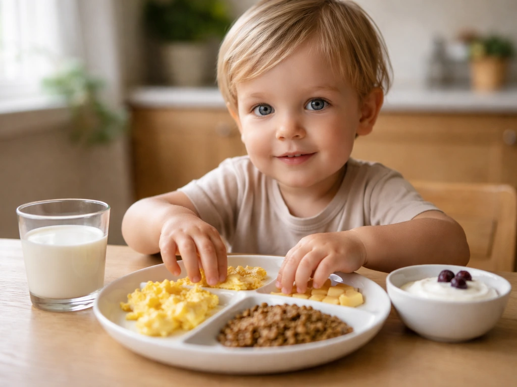 Young child’s plate with milk and protein-rich foods at a simple home table