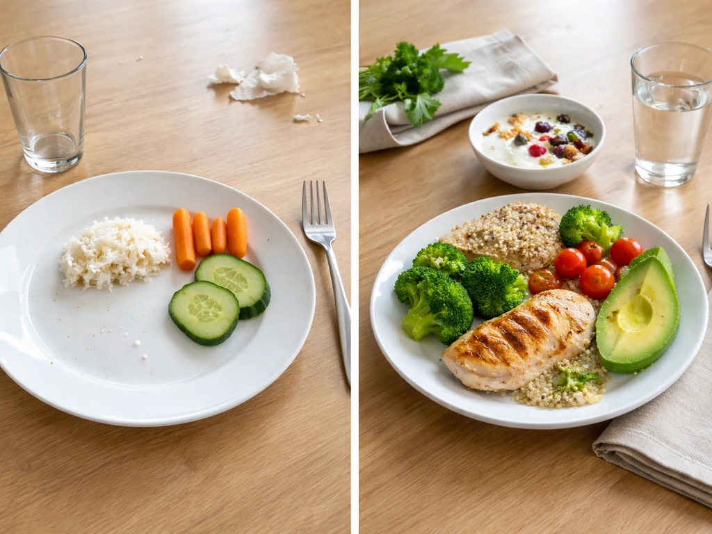 Side-by-side meal setups: one bland and lacking protein/calcium vs one balanced with protein, dairy, and produce.