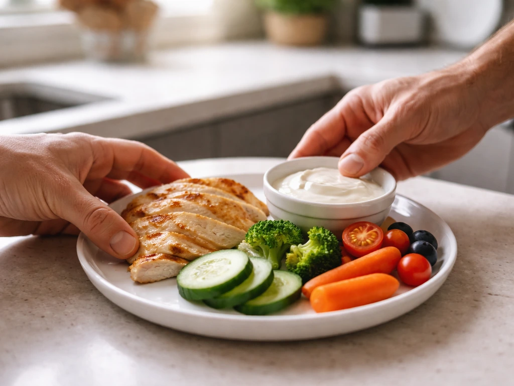 Hands assembling a simple plate with protein, calcium foods, and colorful produce for growth-focused meals.