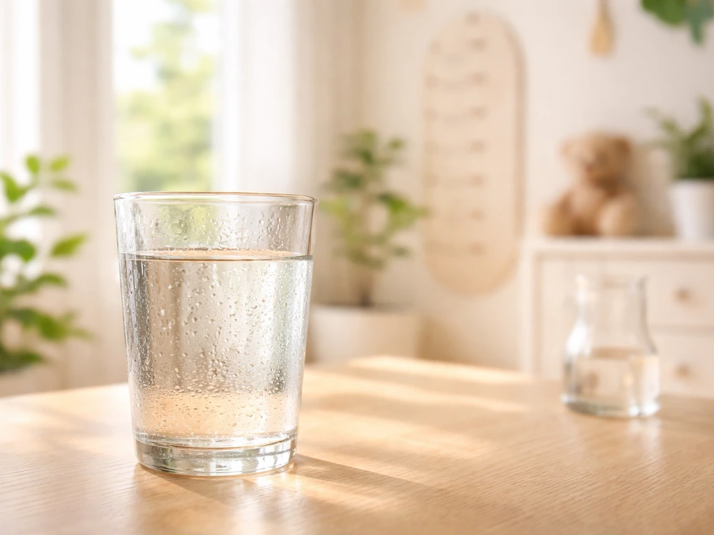 Clear glass of water on a bright table with a soft, child-friendly growth and health themed background.