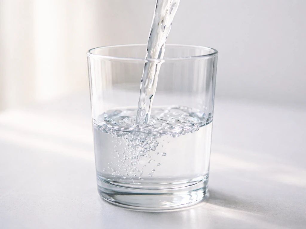 Close-up of a clear water stream pouring into a simple glass, symbolizing water enabling growth processes.