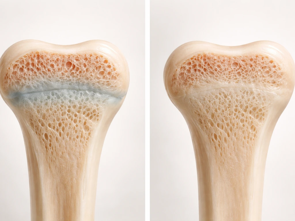 Minimal split-scene showing open vs fused growth plates in an anatomical cross-section style.