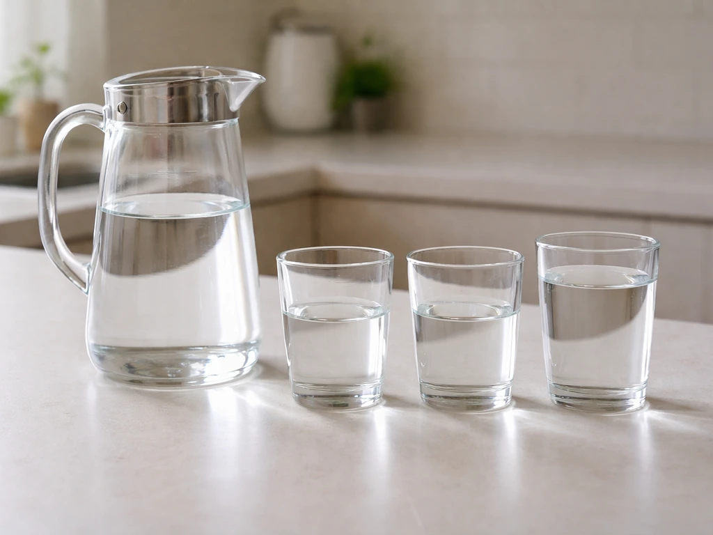 Clear water pitcher with three partially filled glasses on a kitchen counter to suggest daily hydration targets.