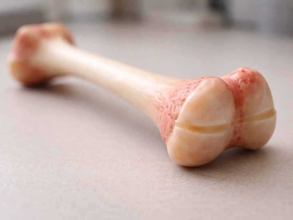 Close-up of a long bone’s growth plate ends on a neutral lab surface, illustrating height increase.