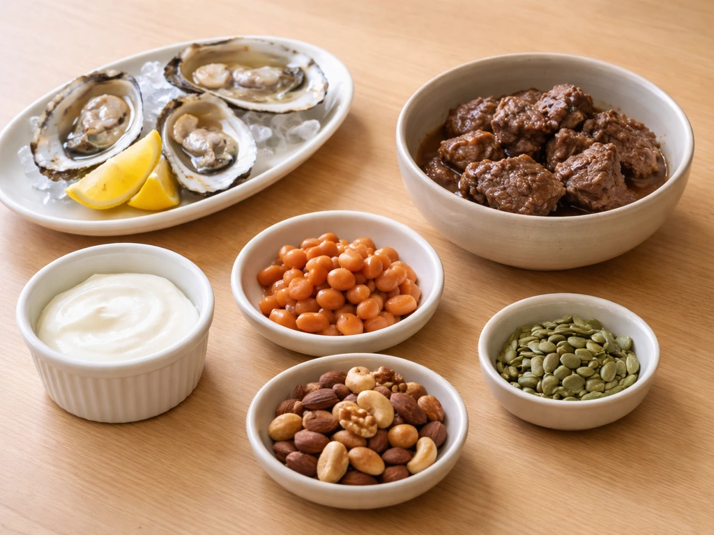 Kid-friendly plate with zinc-rich foods: oysters, beef, yogurt, beans, nuts, and pumpkin seeds