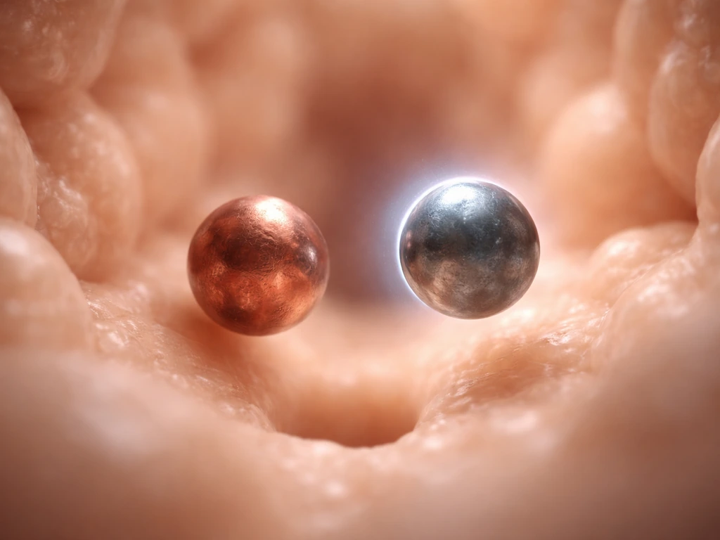 Copper- and zinc-colored spheres compete near a soft gut-texture absorption opening.