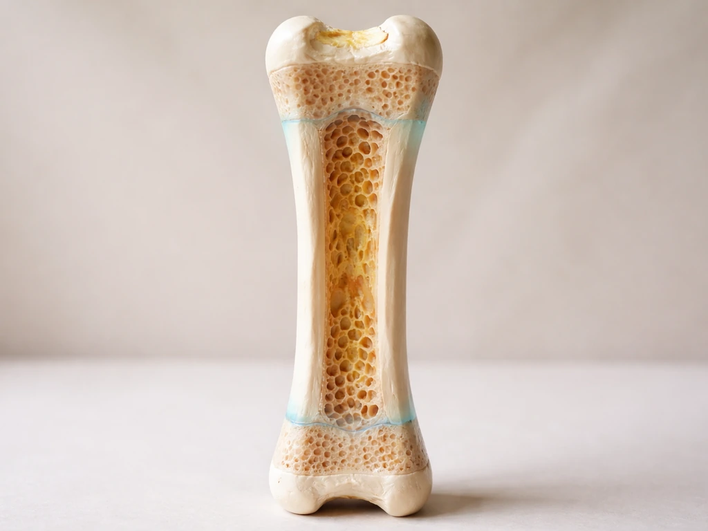 Close-up of a long-bone cross-section model with highlighted growth plate zones near both ends.