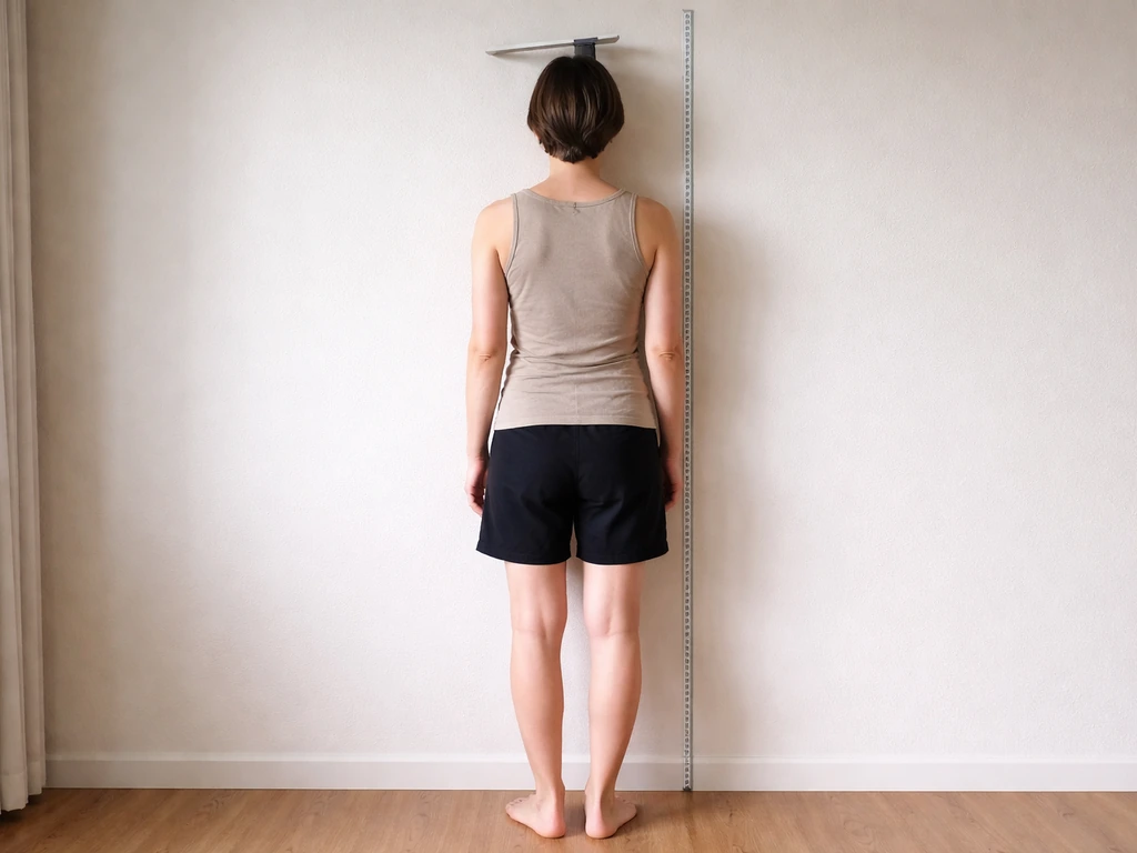 Barefoot person against a wall while a measuring tape checks height and posture alignment.