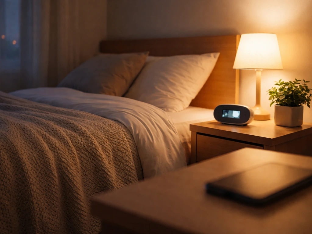 Minimal bedroom bedtime setup with dim light, alarm clock, and phone set aside for sleep routine.