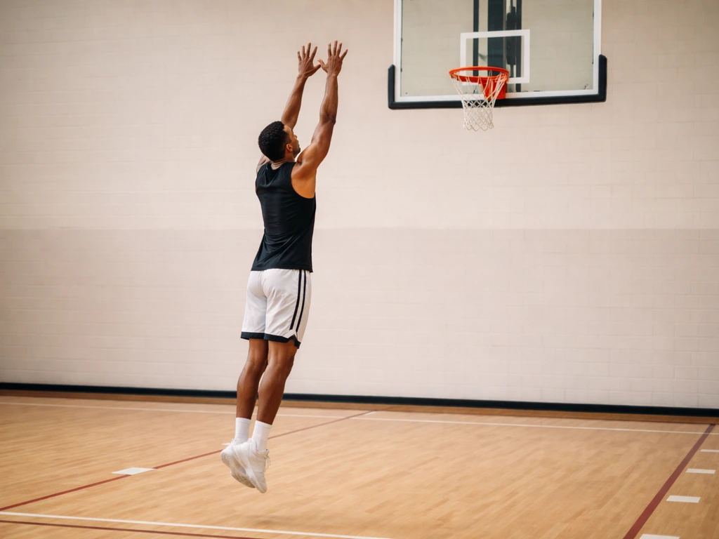 Adult basketball player stretching upward near a hoop in a quiet indoor gym