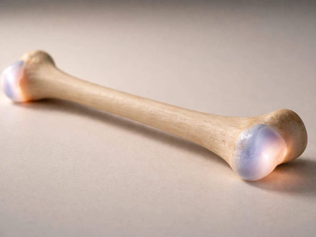 Minimal photo-style view of a long bone model with subtle glowing highlights near growth plates.