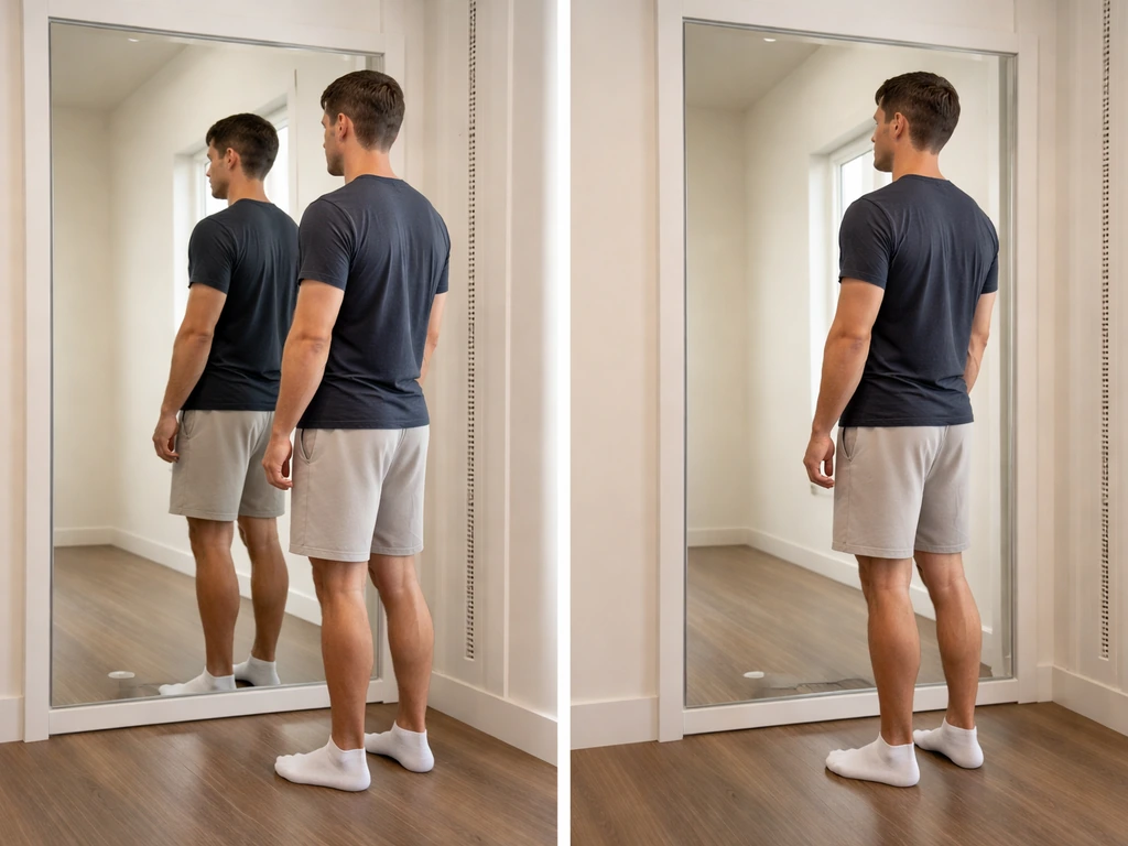 Two mirror views showing improved upright posture as a person measures standing height in socks.