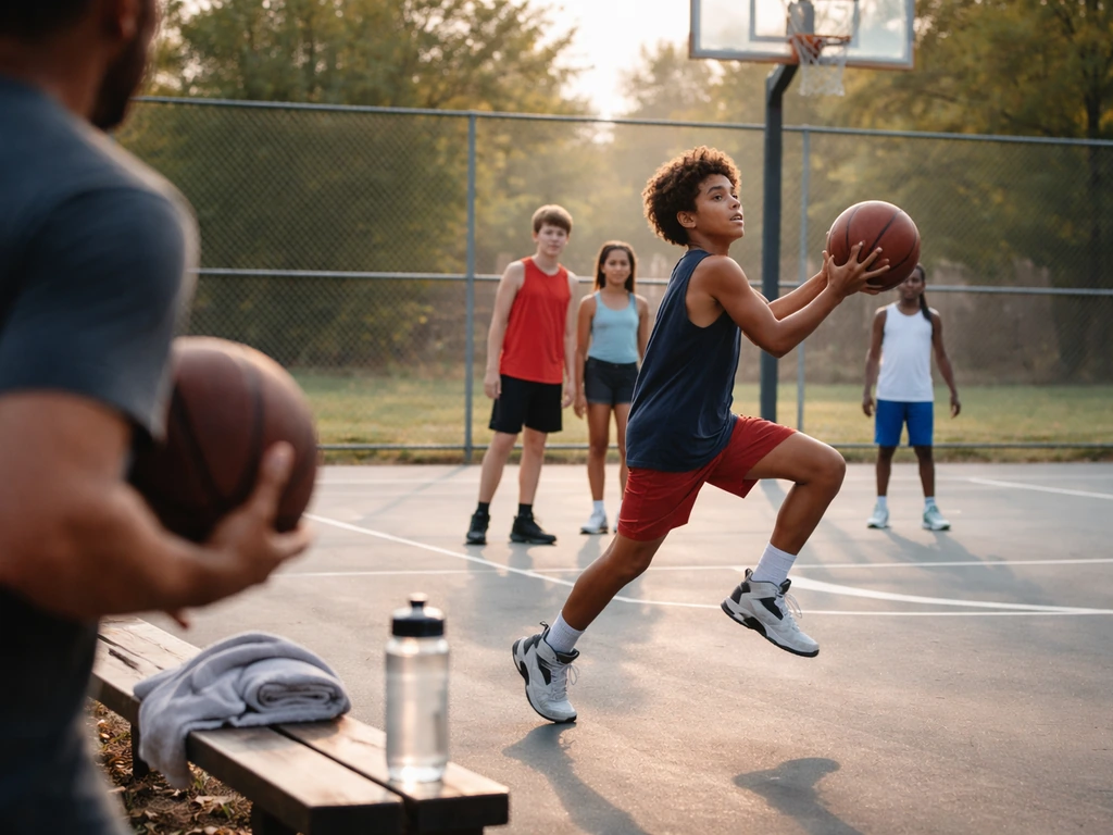 Youth basketball practice on an outdoor court with a child dribbling and controlled layup, water bottle nearby.