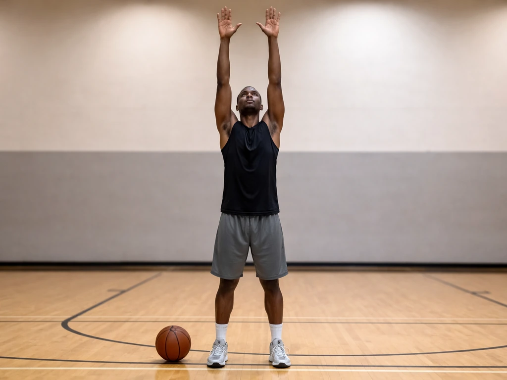 Adult basketball player doing an overhead vertical reach posture drill in a quiet gym.