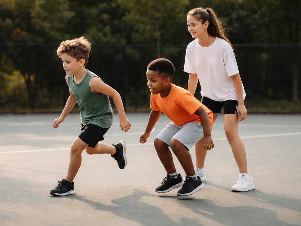 Kids and a teen running and practicing safe jump landings on an outdoor court under supervision.