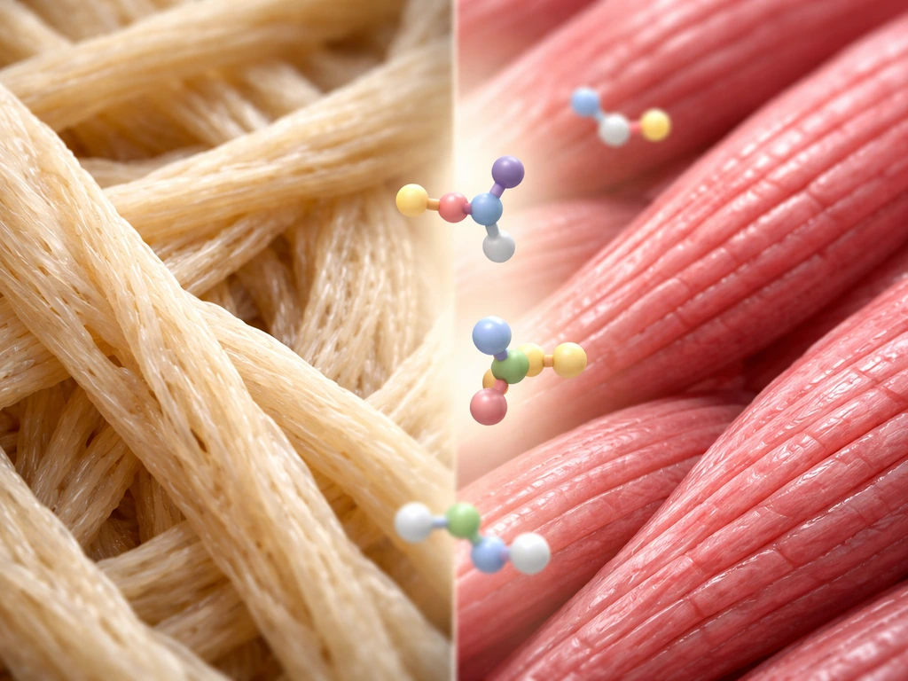 Macro view of fibrous collagen texture beside smooth muscle fibers with soft amino-acid shapes floating