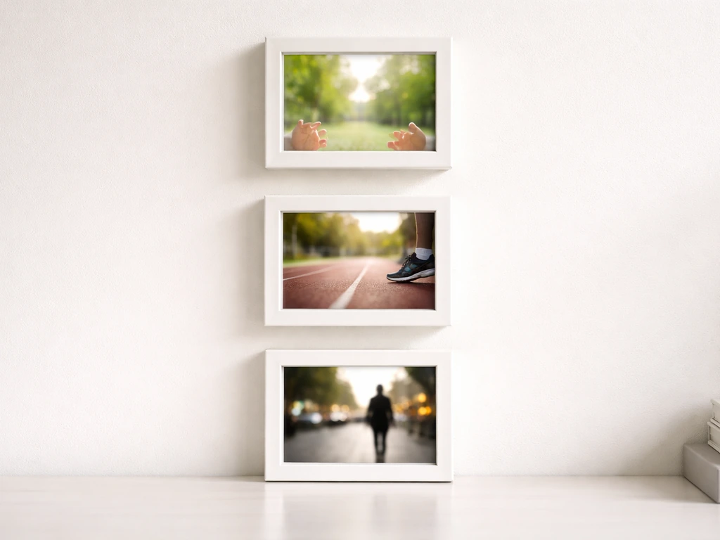Three vertical empty frames on a desk showing blurred childhood, teen, and adult nature scenes.