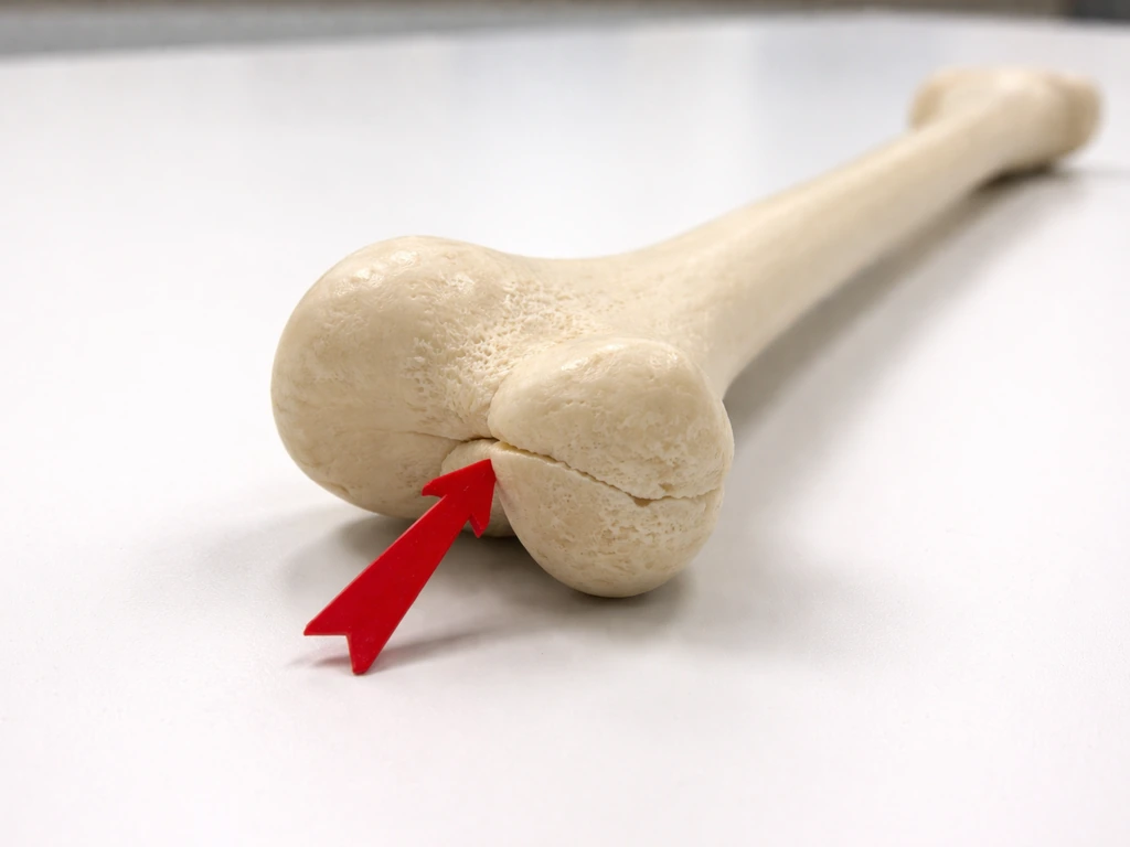 An anatomical long-bone model with fused growth-plate area marked by an arrow to show no further height growth.