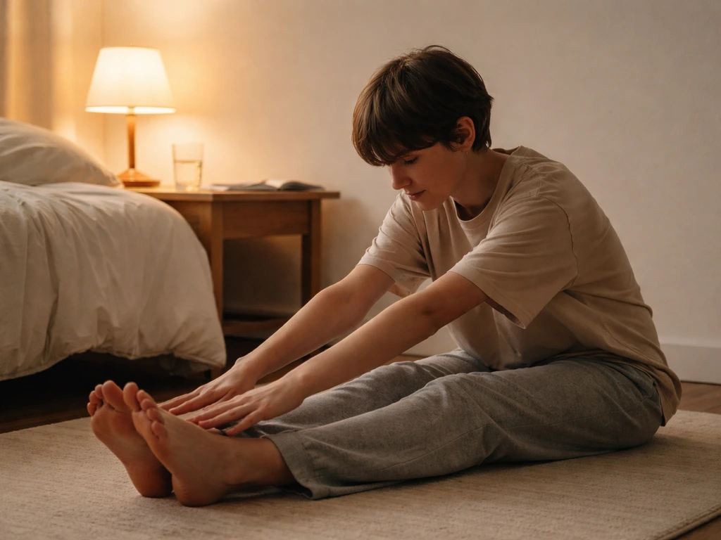 Young person stretching on a bedroom floor at night with a bedside lamp and water nearby