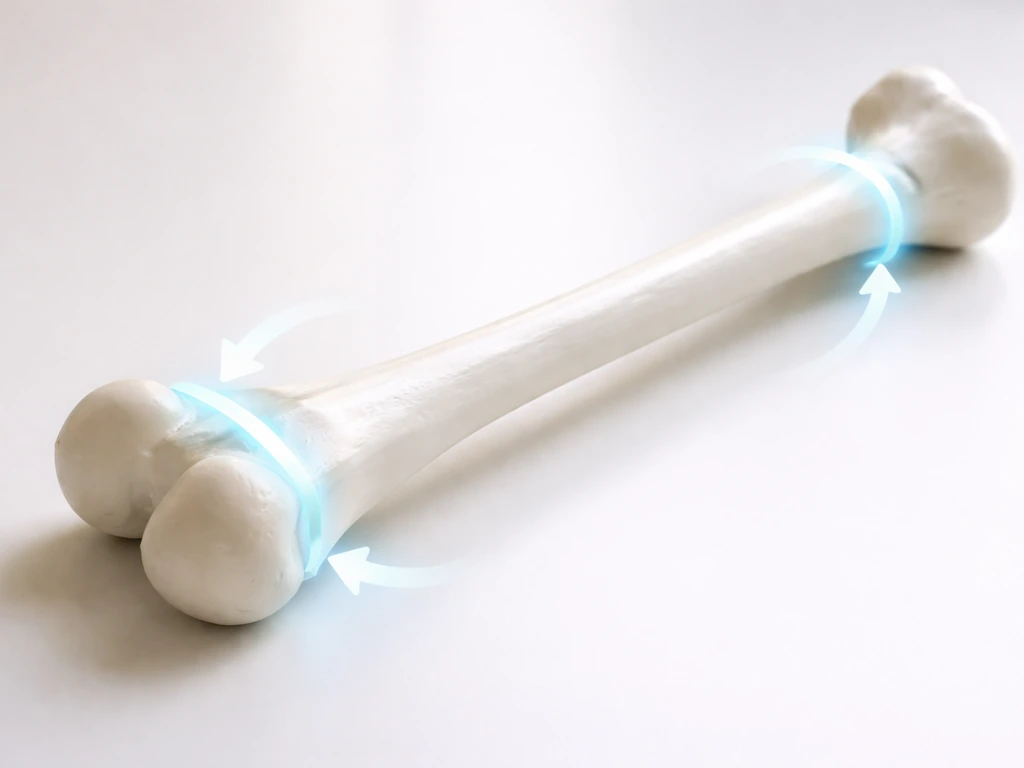 Close-up of a leg bone model showing growth plates near the ends with subtle highlighted arrows.