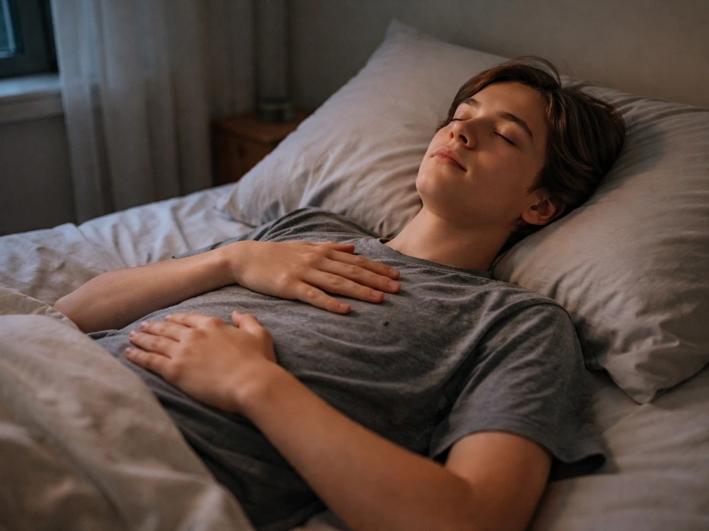 Teen in bed practicing calm breathing with hands on chest and abdomen