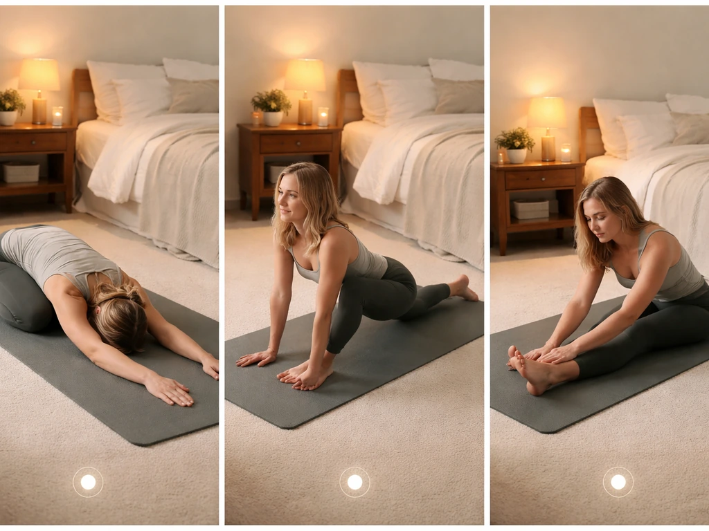 Person doing a calm bedtime stretching routine on a yoga mat in a quiet bedroom