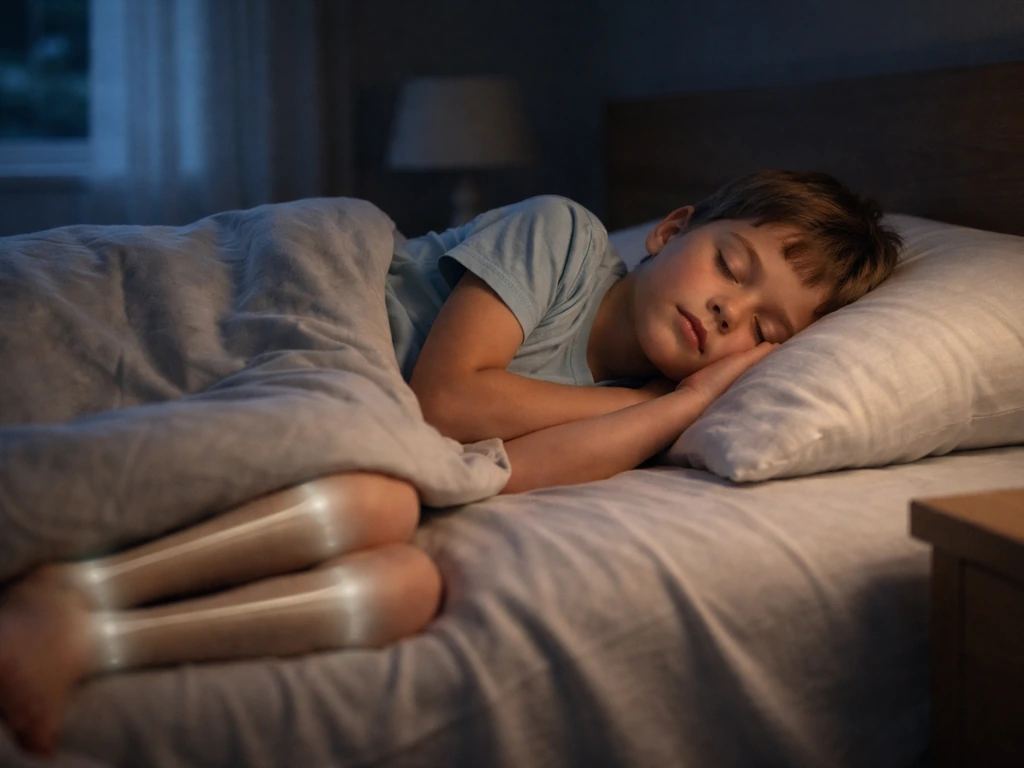 Child sleeping peacefully in a bed with a subtle, non-graphic hint of growth plates along the leg bones