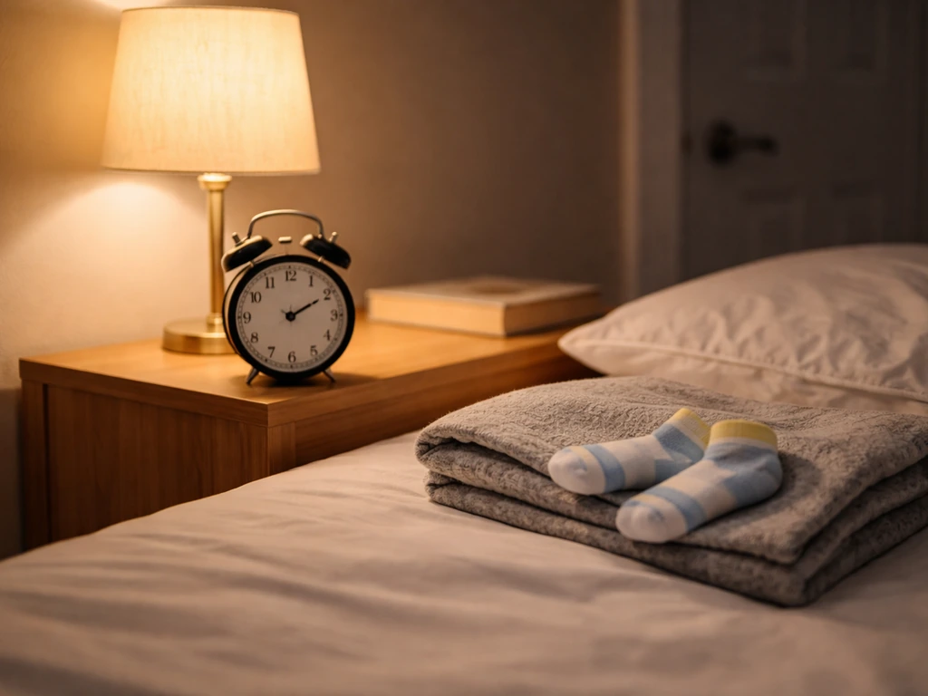 Minimal photo of a bedtime routine scene with a childlike blanket and an alarm clock on a nightstand