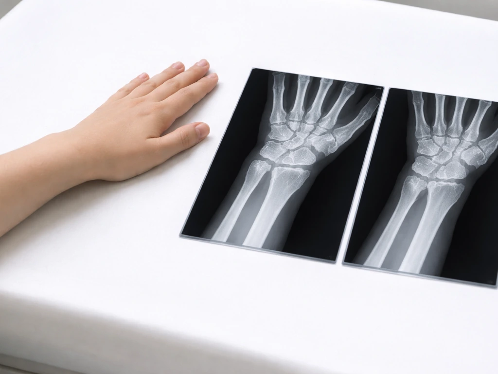 Forearm on white table next to two X-ray panels contrasting open (youth) vs fused (adult) growth plates.